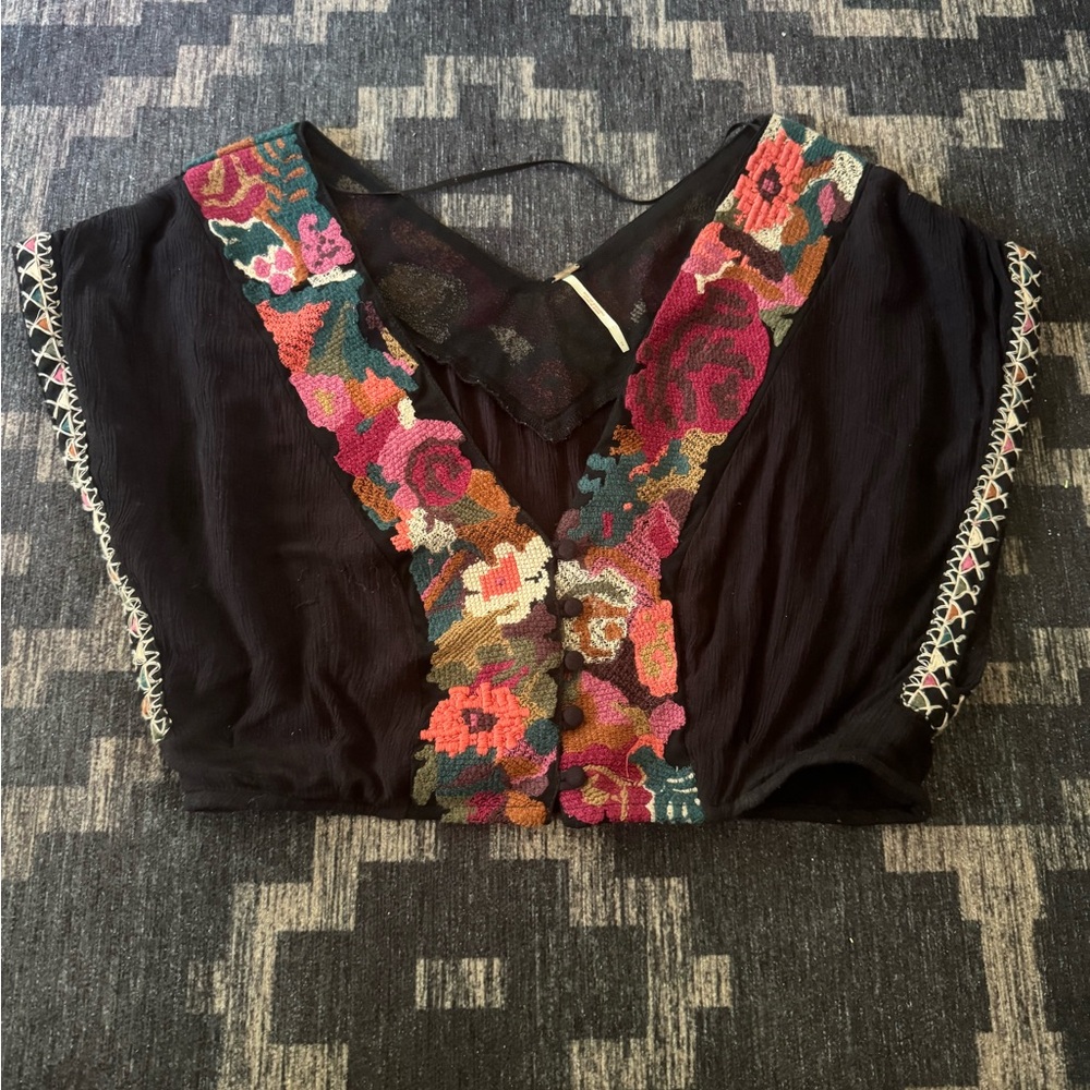 Free People Black Crop Top with Floral Embroidery